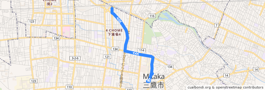 Mapa del recorrido Bus 鷹63 杏林大学井の頭キャンパス->三鷹駅 de la línea  en Tokyo.