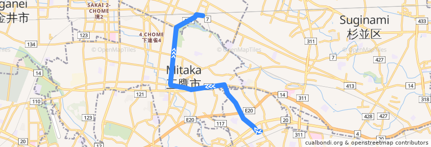 Mapa del recorrido Bus 吉02 千歳烏山駅北口->吉祥寺駅 de la línea  en Tokyo.