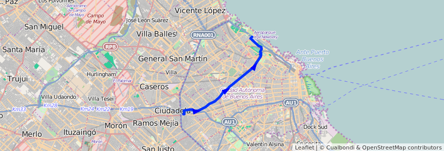 Mapa del recorrido A B C de la línea 34 en 布宜诺斯艾利斯自治市.