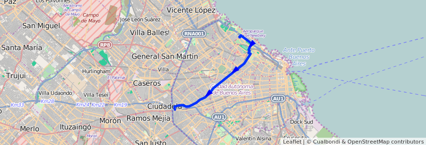 Mapa del recorrido A B C de la línea 34 en Ciudad Autónoma de Buenos Aires.