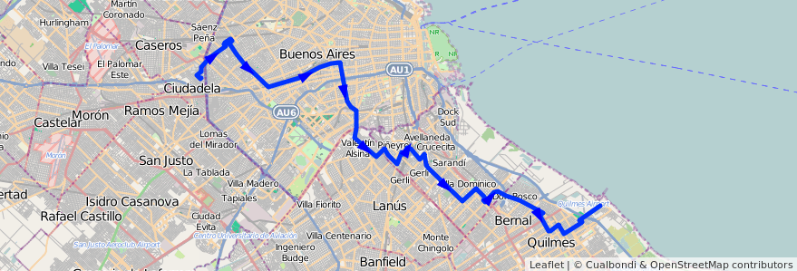 Mapa del recorrido A Ciudadela-Quilmes de la línea 85 en Argentina.
