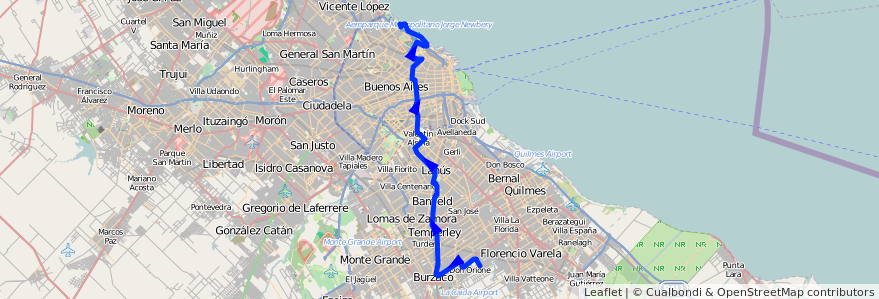 Mapa del recorrido A Claypole-C.Univ. de la línea 160 en آرژانتین.