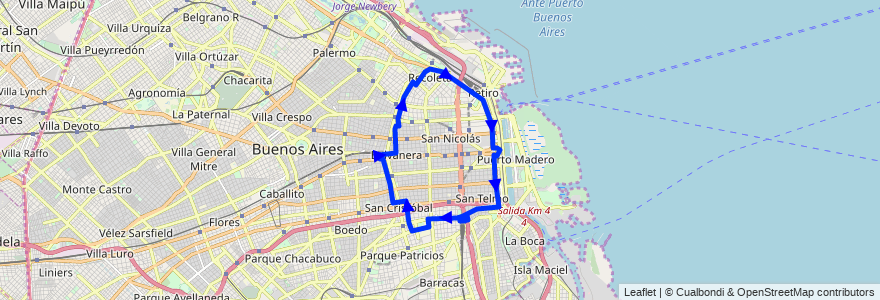 Mapa del recorrido A Const.-Retiro-Const. de la línea 61 en Ciudad Autónoma de Buenos Aires.