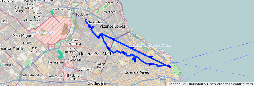 Mapa del recorrido A Correo-Boulogne de la línea 140 en Arjantin.