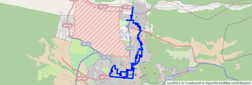 Mapa del recorrido A de la línea Corredor 5 en Salta.