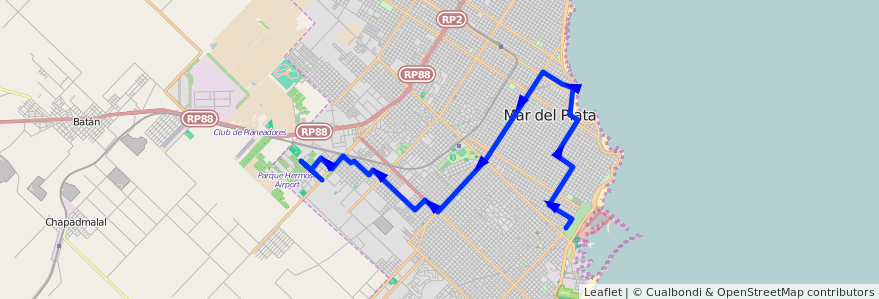 Mapa del recorrido A de la línea 591 en Mar del Plata.