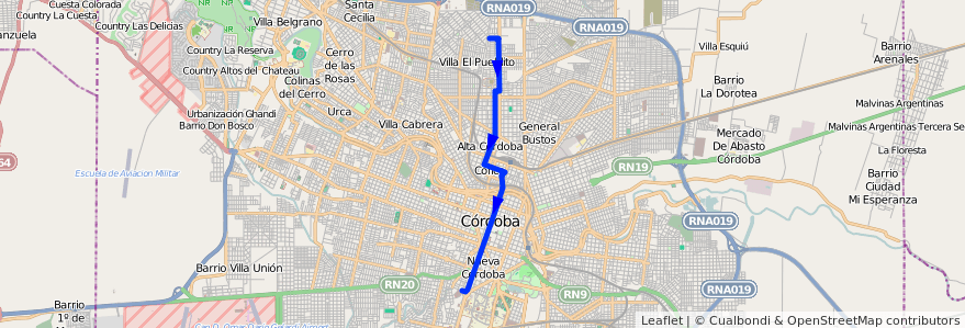 Mapa del recorrido A de la línea Trolebus en Córdoba.