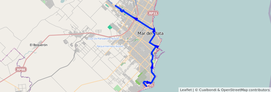 Mapa del recorrido A de la línea 511 en Mar del Plata.