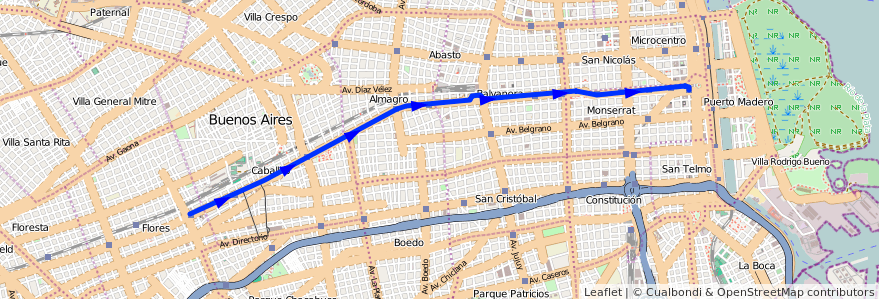 Mapa del recorrido A de la línea Subte en Ciudad Autónoma de Buenos Aires.