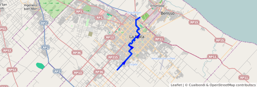 Mapa del recorrido A de la línea 307 en Partido de La Plata.