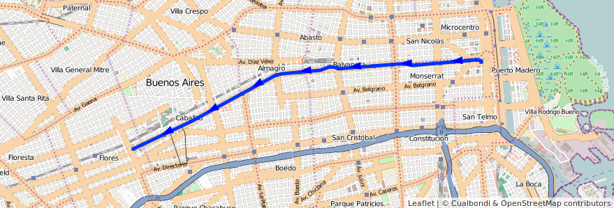 Mapa del recorrido A de la línea Subte en 布宜诺斯艾利斯自治市.