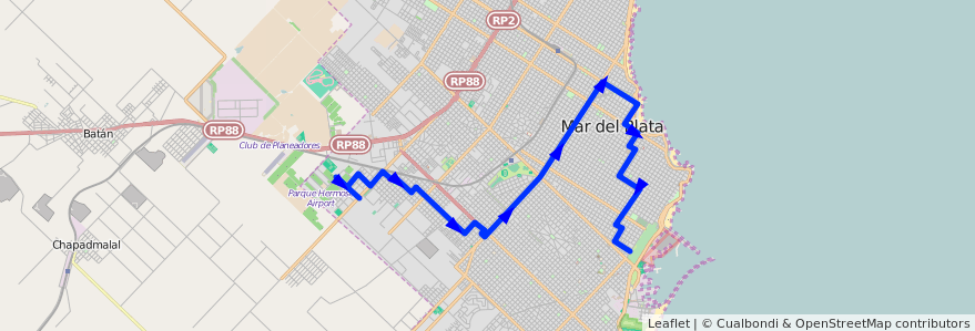 Mapa del recorrido A de la línea 591 en Mar del Plata.