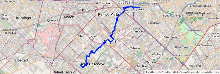 Mapa del recorrido A Liniers-I.Casanova de la línea 174 en Partido de La Matanza.