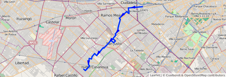 Mapa del recorrido A Liniers-I.Casanova de la línea 174 en Partido de La Matanza.