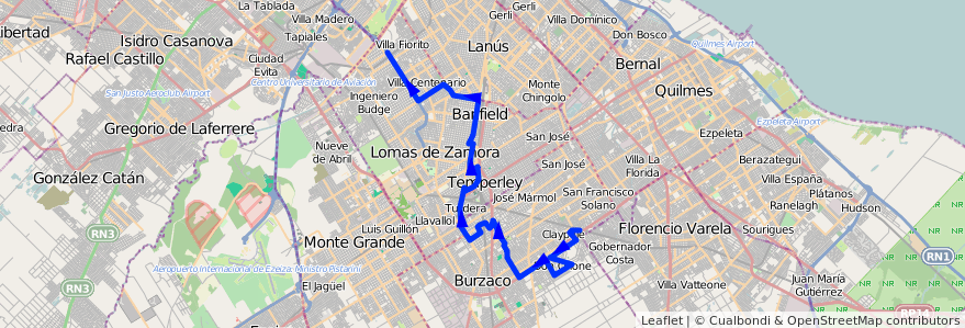 Mapa del recorrido A Pte.La Noria-Claypo de la línea 318 en Buenos Aires.