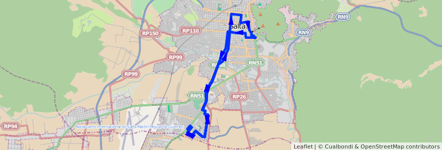 Mapa del recorrido A San Carlos de la línea Corredor 1 en Salta.