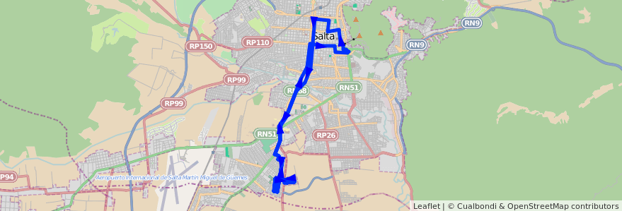 Mapa del recorrido A Valdivia de la línea Corredor 1 en Salta.