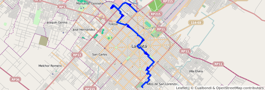 Mapa del recorrido A1 / A2 de la línea 273 en Partido de La Plata.