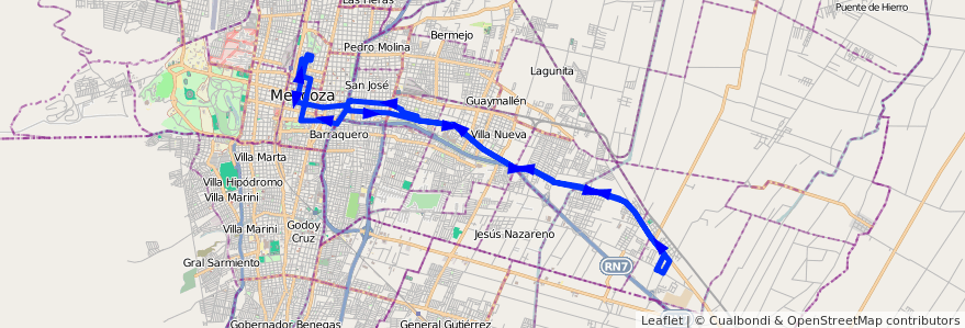 Mapa del recorrido A21 - Rodeo de la Cruz por Carril Nacional de la línea G02 en Mendoza.