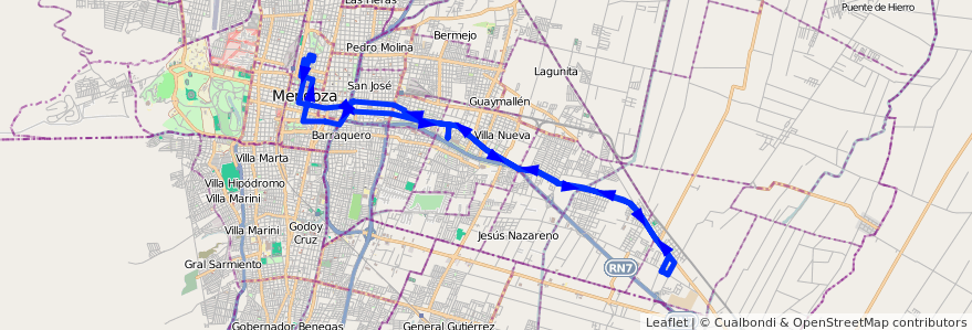 Mapa del recorrido A21 - Rodeo de la Cruz por Carril Nacional - Shopping ida o vuelta de la línea G02 en Mendoza.