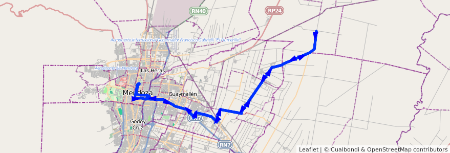 Mapa del recorrido A22 - Corralitos por Carril Nacional - Acceso Este - Violetas de la línea G02 en Mendoza.