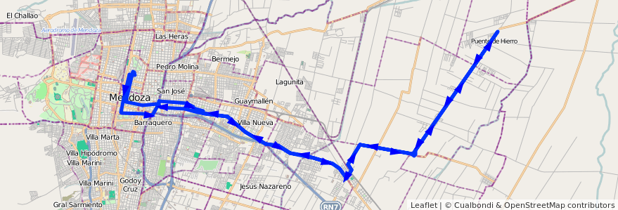 Mapa del recorrido A22 - Corralitos por Carril Nacional de la línea G02 en Departamento Guaymallén.