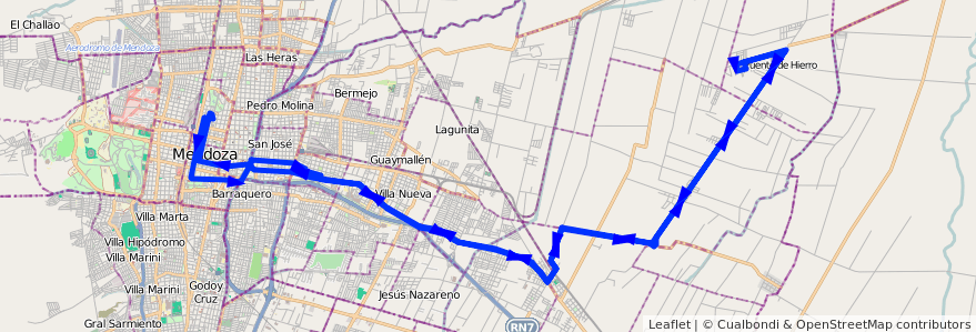 Mapa del recorrido A22 - Corralitos por Carril Nacional - Loteo Grilli de la línea G02 en Departamento Guaymallén.