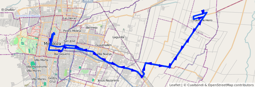 Mapa del recorrido A22 - Corralitos por Carril Nacional - Loteo Grilli - Malvinas de la línea G02 en Departamento Guaymallén.