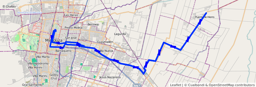 Mapa del recorrido A22 - Corralitos por Carril Nacional - Milagros de la línea G02 en Departamento Guaymallén.