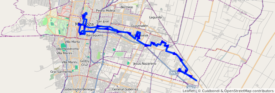 Mapa del recorrido A23 - Bº Santa Ana - Bº San Javier - Casa de Gob. de la línea G02 en Mendoza.