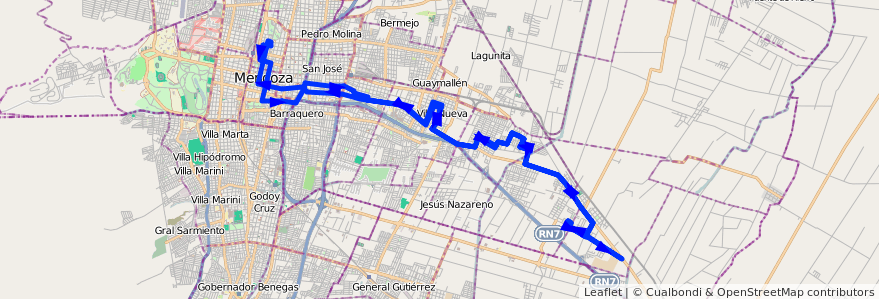 Mapa del recorrido A23 - Bº Santa Ana - Bº San Javier  de la línea G02 en Mendoza.