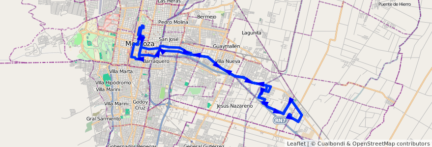 Mapa del recorrido A25 - Escorihuela por Carril Nacional - Casa de Gob. de la línea G02 en Mendoza.