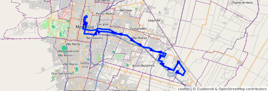 Mapa del recorrido A25 - Escorihuela por Carril Nacional de la línea G02 en Mendoza.