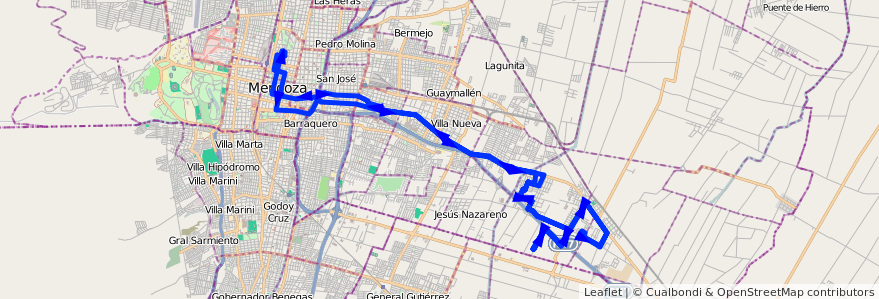 Mapa del recorrido A25 - Escorihuela por Carril Nacional - Parque de Descanso  de la línea G02 en Mendoza.