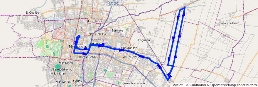 Mapa del recorrido A27 - Colonia Segovia - Rodeo de la Cruz de la línea G02 en Mendoza.