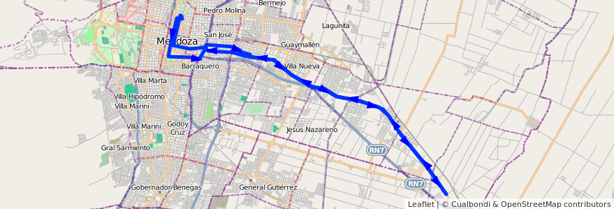 Mapa del recorrido A28 - Colonial Bombal de la línea G02 en Mendoza.