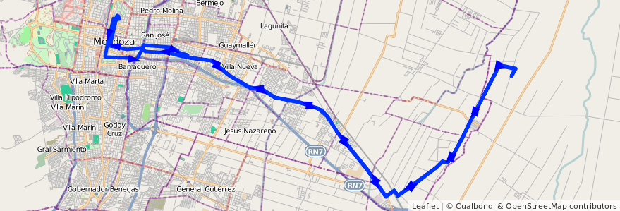 Mapa del recorrido A29 - Pedregal de la línea G02 en Mendoza.