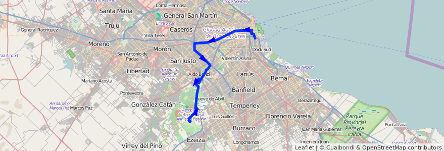Mapa del recorrido Aeropuerto de Ezeiza de la línea 8 en Arjantin.