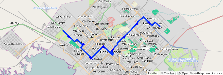 Mapa del recorrido Aldea Romana de la línea 519A en Bahía Blanca.