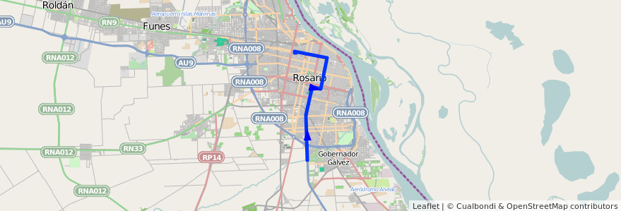 Mapa del recorrido  Autopista de la línea TIRSA en Rosario.