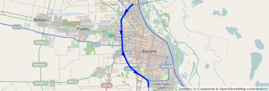 Mapa del recorrido  Autopista de la línea Serodino en Rosario.