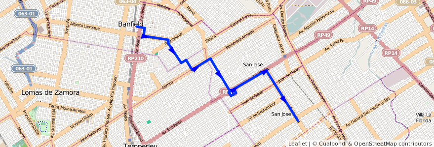 Mapa del recorrido B Banfield-Almte.Brow de la línea 278 en Partido de Lomas de Zamora.