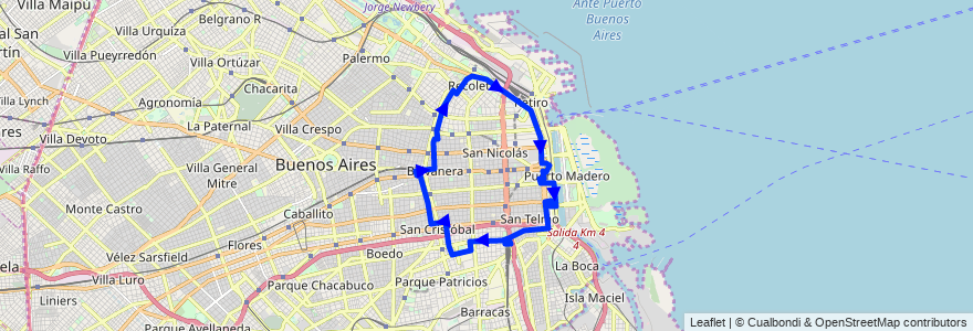 Mapa del recorrido B Const.-Retiro-Const. de la línea 61 en Ciudad Autónoma de Buenos Aires.