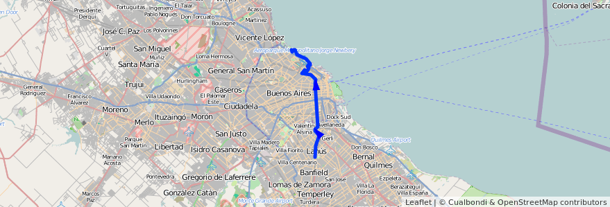 Mapa del recorrido B C.Univ-Lanus de la línea 37 en Argentina.