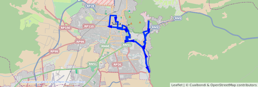 Mapa del recorrido B de la línea Corredor 2 en Salta.