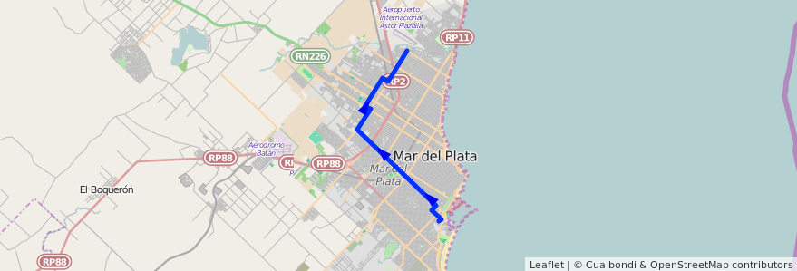 Mapa del recorrido B de la línea 563 en Mar del Plata.