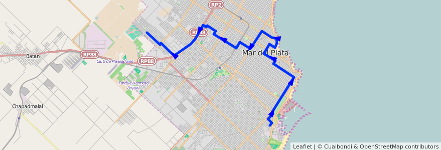 Mapa del recorrido B de la línea 571 en Mar del Plata.