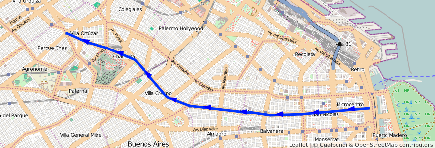 Mapa del recorrido B de la línea Subte en Autonomous City of Buenos Aires.