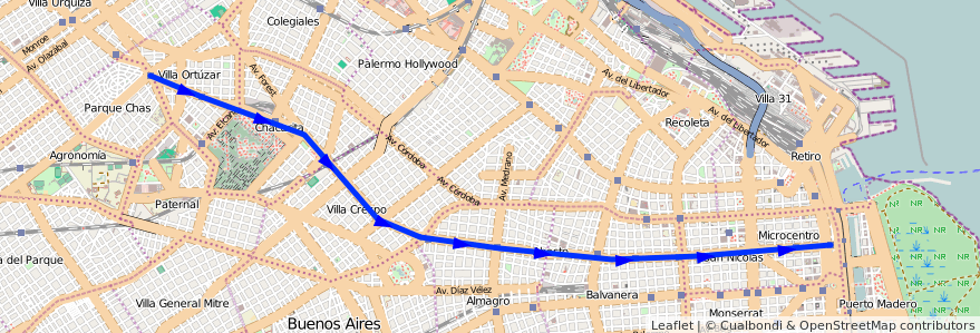 Mapa del recorrido B de la línea Subte en Ciudad Autónoma de Buenos Aires.