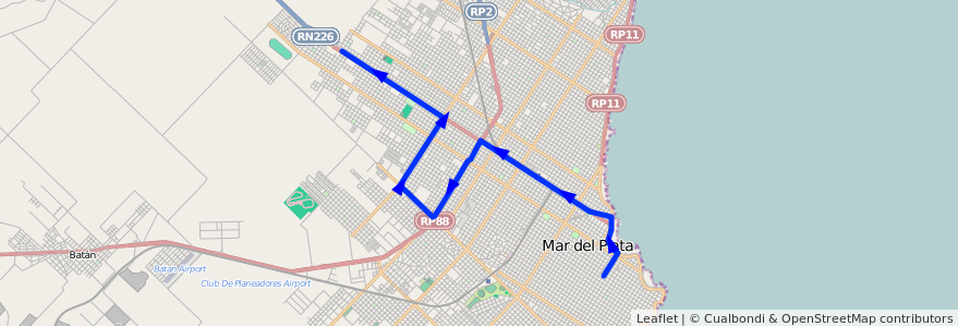 Mapa del recorrido B de la línea 512 en Mar del Plata.